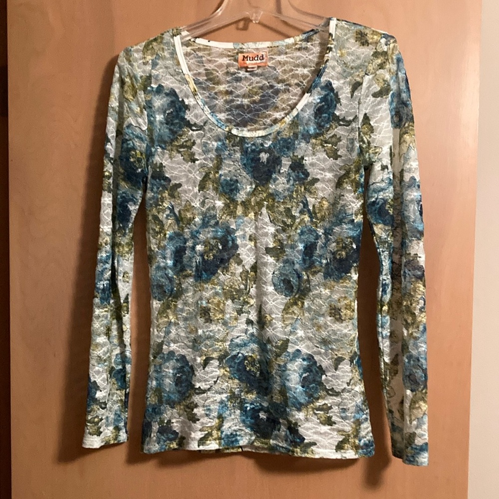 Mudd Women's Floral Lace Top - Blue and Green